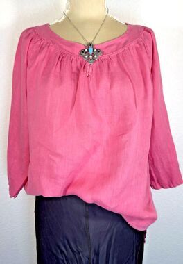 Match Point USA Pink 100% Linen Tunic Top Womens M Lagenlook Boho Coastal